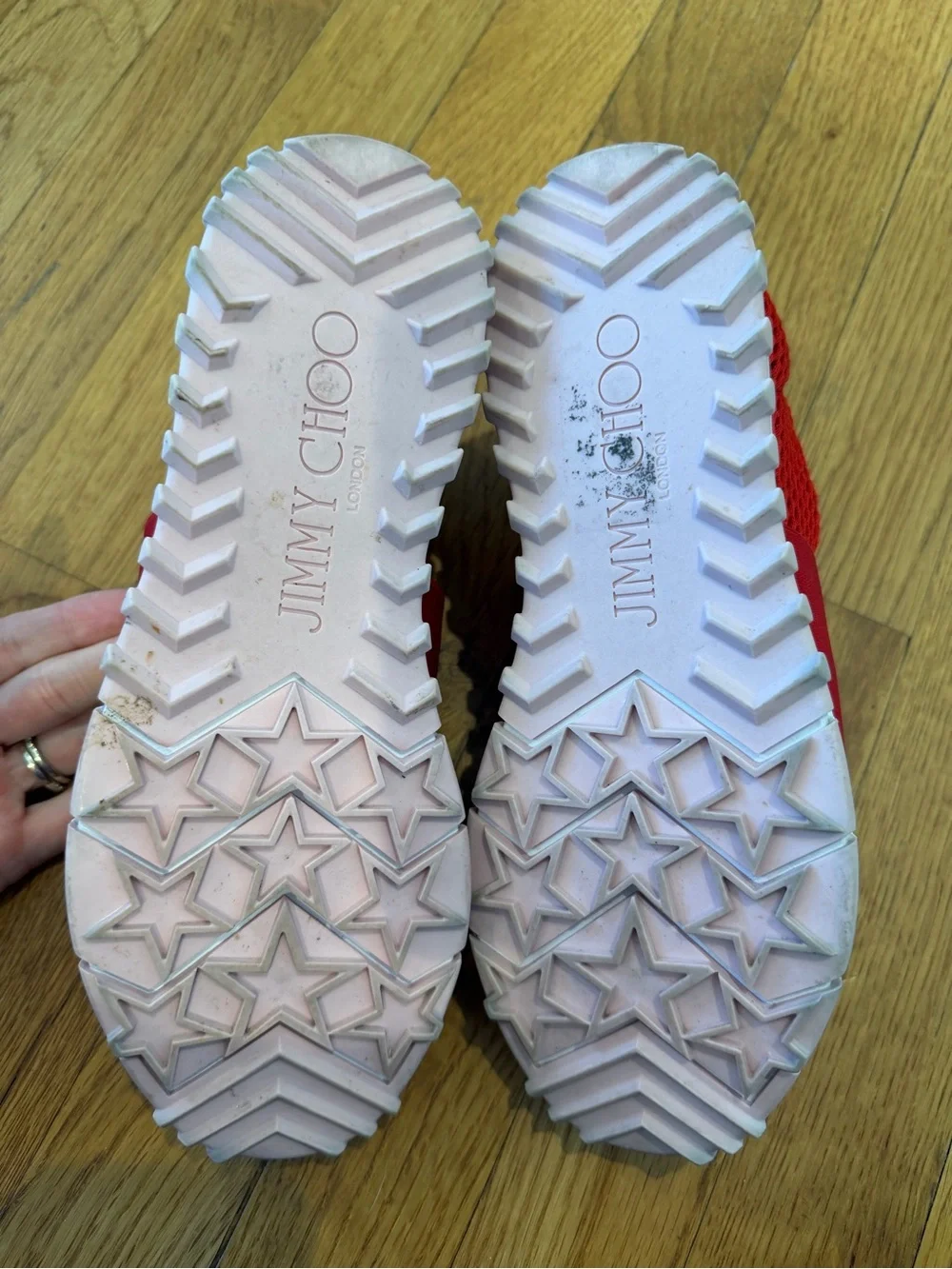 Jimmy Choo Red Mesh Slip-On Sneakers with White Logo Heel
